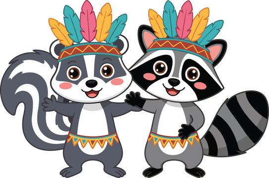 Roxie the Rowdy Raccoon Energetic, cute double Little indian racoon Boho Baby Clipart Bundle Boho Animals