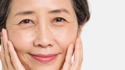 closeup cut portrait of happy middle aged mature asian woman senior older 50 year lady looking at camera touching her face isolated on white ads of eye lifting anti wrinkle skin care cream no logos n