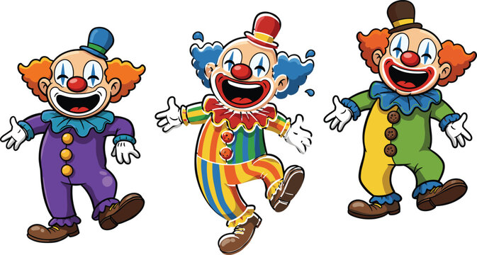Funny cartoon clowns in colorful costumes dancing and smiling, circus entertainment characters, cheerful comedy performers, joyful celebration illustration for kidsFunny cartoon clowns in colorfu