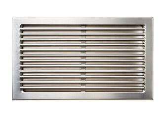 Rectangular metal ventilation grille with horizontal slats and digital artifacts isolated on a transparent background