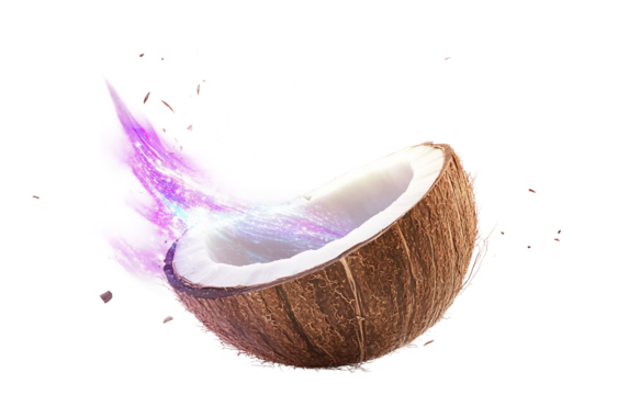 Conceptual depiction of a coconut splitting in midair releasing glowing aurora light symbolizing creativity transformation and surreal energy isolated on transparent background PNG