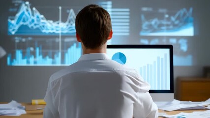 Male analyst examining financial data visualizations in office setting - Powered by Adobe