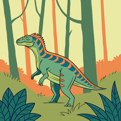 A vibrant cartoon illustration of a green dinosaur with orange and blue stripes standing in a stylized forest environment