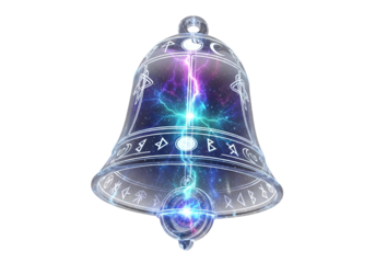 A glowing, translucent bell, adorned with mystical symbols and vibrant energy, is displayed against a dark background.