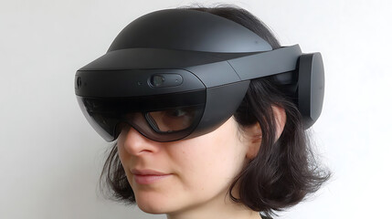 Person wearing a black virtual reality headset with integrated lenses and headband