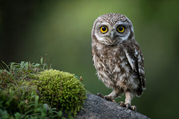Small spotted owl with large yellow eyes perched on mossy rock small owl bird