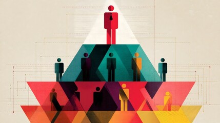 Flat vector infographic style illustration depicting a hierarchical structure with a central figure at the top, surrounded by various colored silhouettes representing teamwork and organization concept