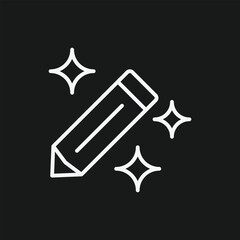 White Pencil Icon with Sparkling Stars on Black Background, Minimalist Symbol for Creativity, Artistic Expression, and Design Inspiration in Digital Interfaces