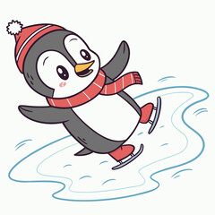 Fototapeta premium Cute cartoon penguin wearing a red hat and scarf ice skating happily on a frozen pond