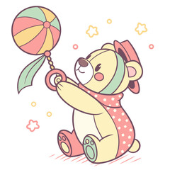 Cute cartoon teddy bear wearing a hat and scarf holding a colorful baby rattle with stars and circles around it
