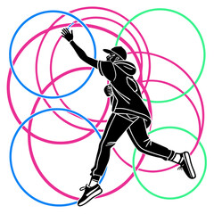 Dynamic silhouette of a person in motion reaching out among intersecting colorful circles abstract background