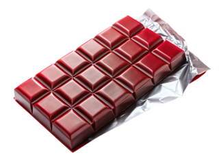Red chocolate bar partially unwrapped from silver foil dark chocolate sweet isolated on a transparent background