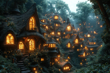 Fantasy village adorned with lights and trees.
