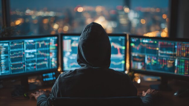back view of hacker at desktop using computers with various forex screens on blurry office interior background cryptocurrency hacking bticoin trading and finance concept double exposure no logos no b