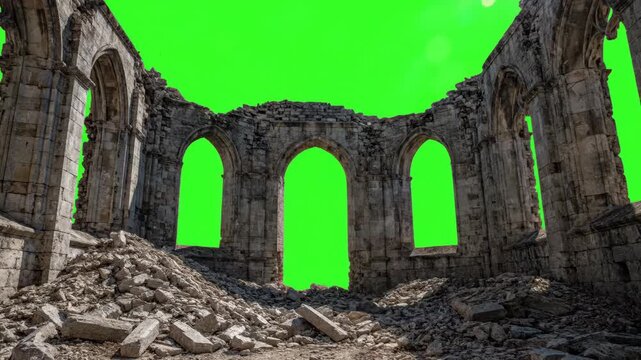 Collapsed Church Ruins Green Screen - The interior of a collapsed stone church ruin is shown against a green screen background. Debris and rubble fill the floor, while arched windows remain standing.