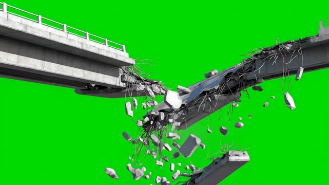 Collapsing Highway Bridge - Green Screen - A 3D-video animation shows a highway bridge collapsing, with concrete and rebar debris falling against a green screen background.