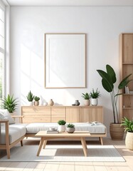 Minimalist Living Room with Sofa, Cabinet and Plants interior