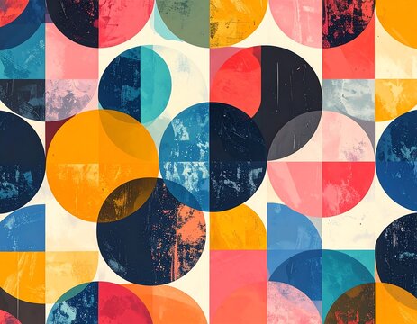 Abstract geometric pattern with overlapping circles and squares. Colorful shapes create a vibrant and playful design