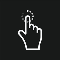 White Hand Tap Icon with Circular Dotted Activation on Black Background, Minimalist Touch Gesture Symbol for UI Interaction, Screen Press, and Digital Interface Design