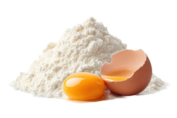 Egg and flour composition: brown eggshell, yolk, and flour pile for baking concepts, cut out