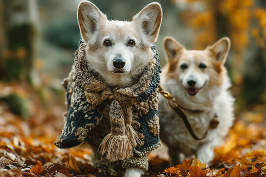Fototapeta Pieski rasy corgi ubrane w śmieszne szaty – humorystyczna scena