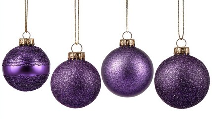 Obraz premium four purple christmas ornaments with glitter isolated on transparent background are perfect for adding a festive touch to your holiday decorations