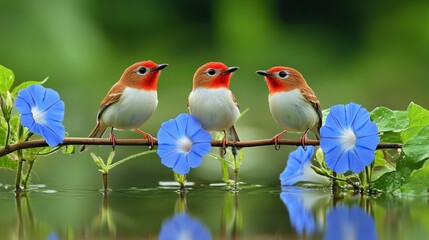 three small, delicate bird with red and white plumage perched on a thin branch adorned with vivid blue morning glory flowers.