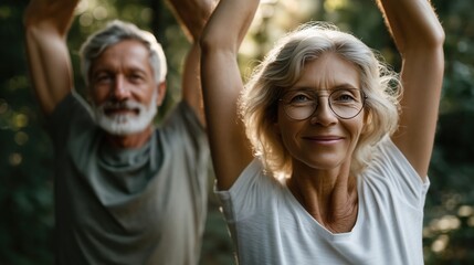 Joyful seniors enjoying slow motion exercise in a serene forest setting on a sunny afternoon