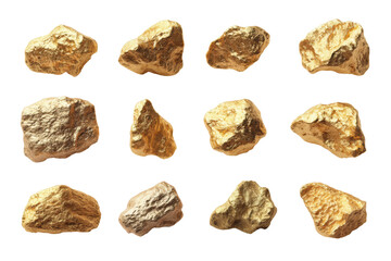 Collection of gold nuggets on black background displaying raw texture, cut out