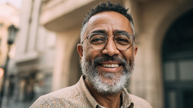 portrait of happy mature man wearing spectacles and looking at camera outdoor man with beard and glasses feeling confident close up face of hispanic business man smiling no logos no brands ar 169
