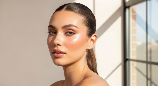 Elegant beauty portrait of a young girl with glowing flawless skin, natural makeup, and sleek hairstyle against a neutral background  for skincare and cosmetics concept