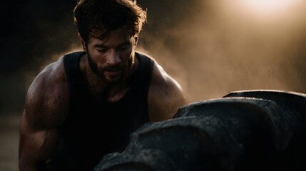 A determined muscular man performs an intense tire flip exercise outdoors bathed in dusty afternoon sunlight showcasing raw strength and effort