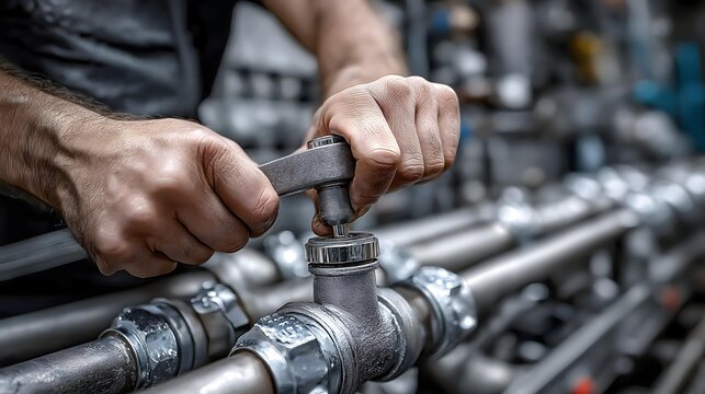 Close-up photo of a plumber's hands skillfully connecting metal pipes with a wrench, showcasing craftsmanship and precision in a professional plumbing environment