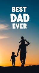 Fototapeta premium Silhouette of a father and two children walking at sunset, conveying a heartwarming and loving family moment.