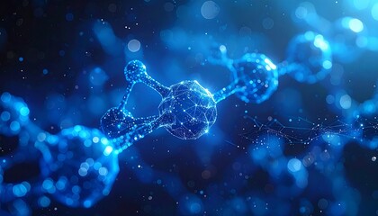 A dynamic, abstract representation of interconnected molecular structures, glowing with ethereal blue light, against a blurred bokeh background
