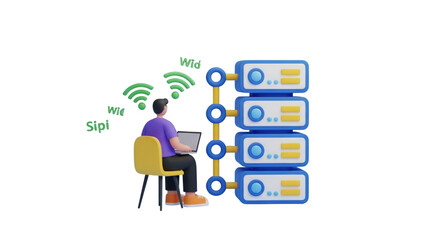 Obraz premium Person working on laptop connected to servers via WiFi