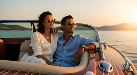 Elegant couple enjoying a scenic sunset boat ride on calm water