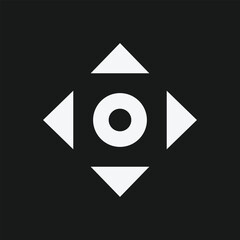 Geometric Compass Icon with Central Circle and Outward Triangles on Black Background, Minimalist Directional Symbol for UI Navigation, Graphic Design, and Abstract Interface Elements