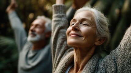 Capturing joyful moments of elderly couple enjoying slow motion meditation in a serene forest setting