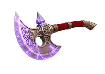 A meticulously crafted, ornamented battle axe, imbued with vibrant purple energy, displayed against a striking black backdrop.