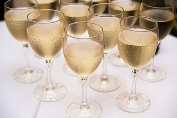 Elegant champagne glasses filled with sparkling wine on a festive celebration table, close up view of luxury drink serving for wedding banquet, party toast, event catering and reception ceremony