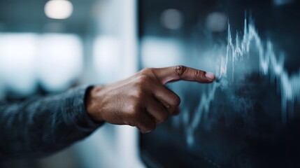 Hand points to financial data graph on a digital screen in a modern office setting