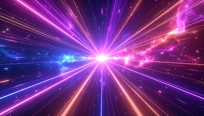 Naklejka premium A vibrant abstract depiction, bursting from a central point with luminous rays. Cosmic, colorful energy streaking across a dark background