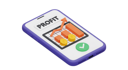 Smartphone displaying profit graph and coins