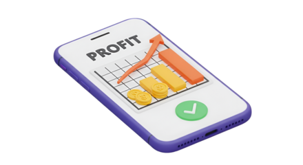 Smartphone displaying profit growth chart and coins