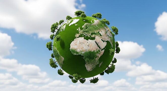 A lush green globe, dotted with trees, floats serenely against a backdrop of fluffy clouds and a vibrant blue sky.