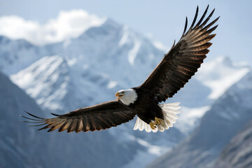 Obraz premium Bald eagle in flight over snow-capped mountains with wings spread wide bird flying