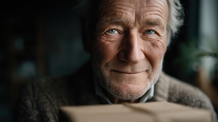 Elderly man smiles warmly while holding a carefully wrapped gift in cozy indoor setting during bright afternoon light