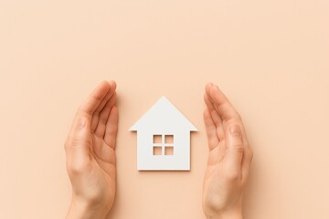 Hands gently cradling a white house symbol on a soft peach background for home concept
