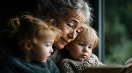 Tender moments shared between a grandmother and her grandchildren by the window on a cozy afternoon